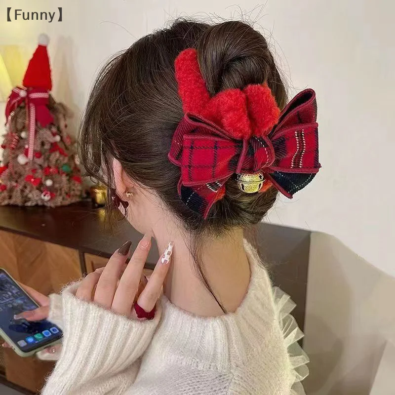 Fashion Christmas Bow Hair Clip For Women Girls Sweet Versatile Autumn Winter Shark Clip Exquisite Hair Accessories Gifts