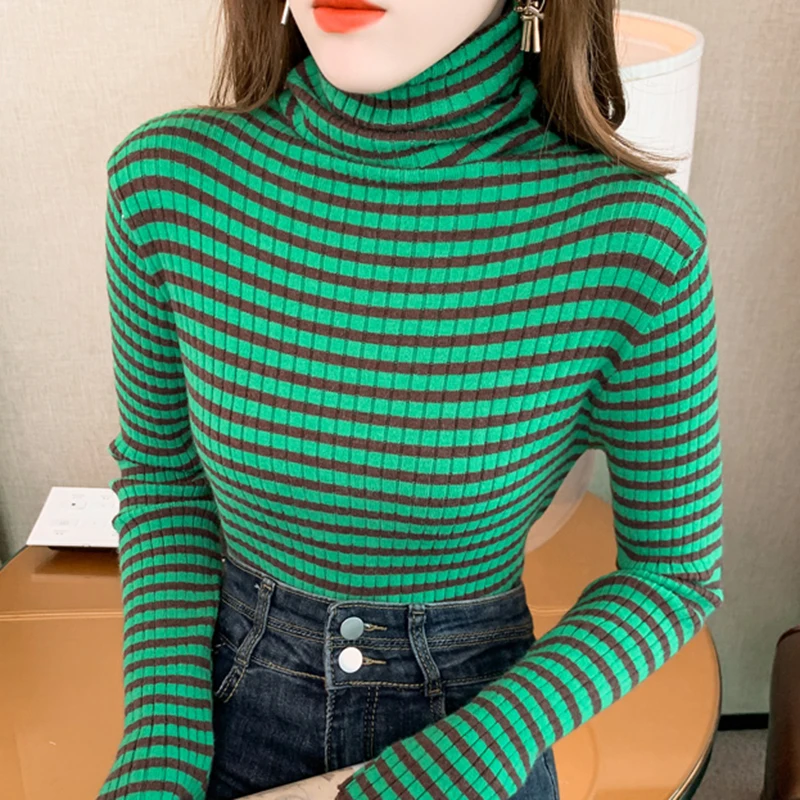 

2023 Autumn Winter Korean Fashion Clothes Casual Turtleneck Striped Slim Sweater Women Long Sleeve Pullovers Knitted Tops Female