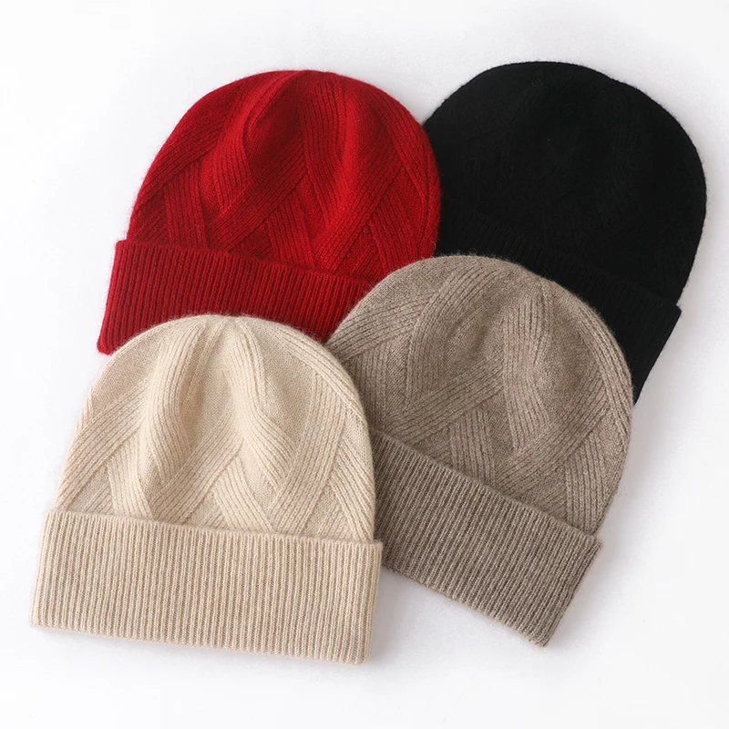 Women Hat Winter New 100% Pure Cashmere Knitted Headgears Soft Warm Hats Lady Fashion Casual Thicken Cap Quality Cashmere Cap