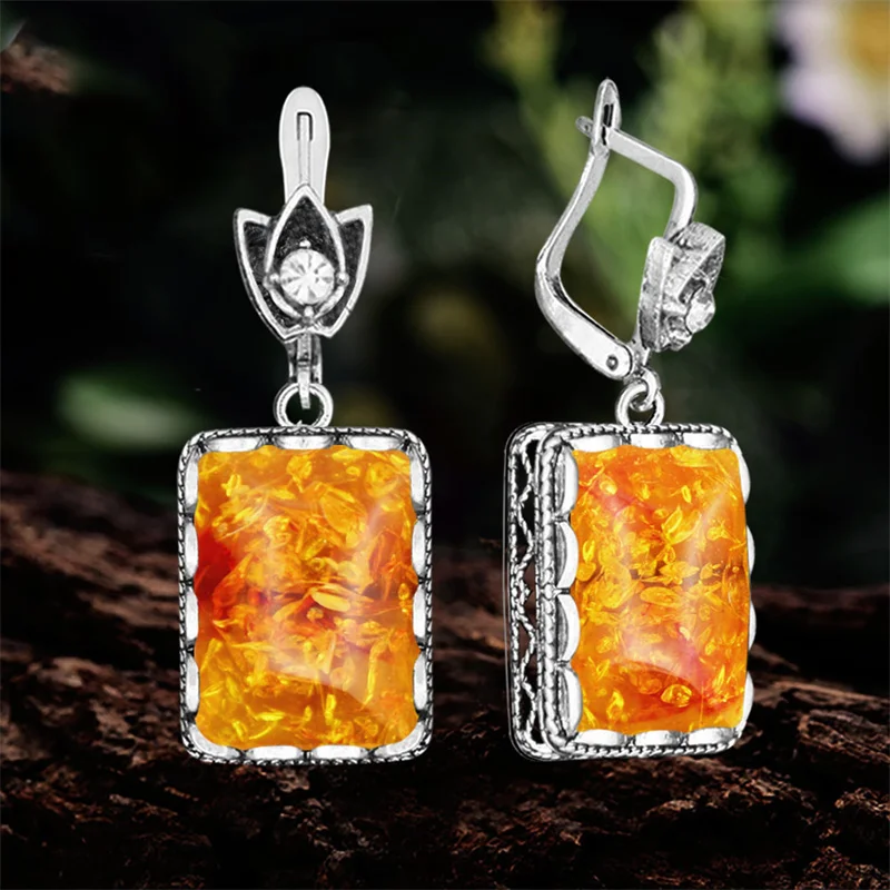 Oblong Synthetic Ambers Jewelry Sets For Women Antique Silver Plated Flower Square Pendant Necklace Earrings Fashion Set