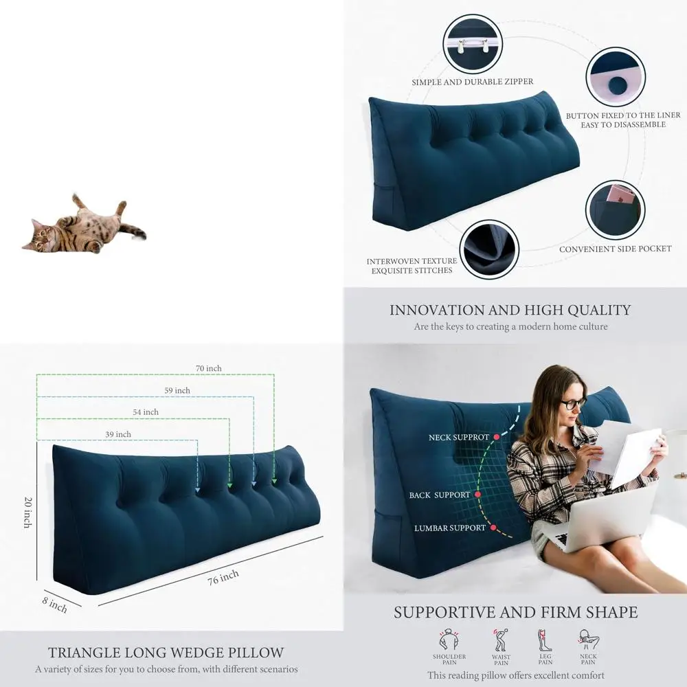 

Blue Velvet-Edged 14 lbs King-Size Wedge Pillow with Backrest and Side Support