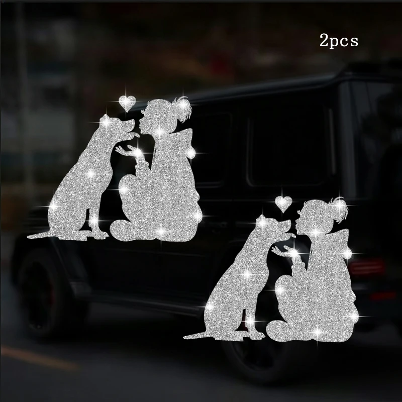 2pcs Dog And Owner Love Car Sticker Sparkling Animal Care Decal Suitable