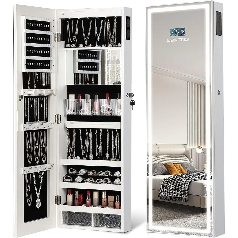 LED Mirror lry Cabinet, Bluetooth Speaker, ull Length Mirror, White | Touch Sn, ng, Color Temperature & Timer Control; Lockable