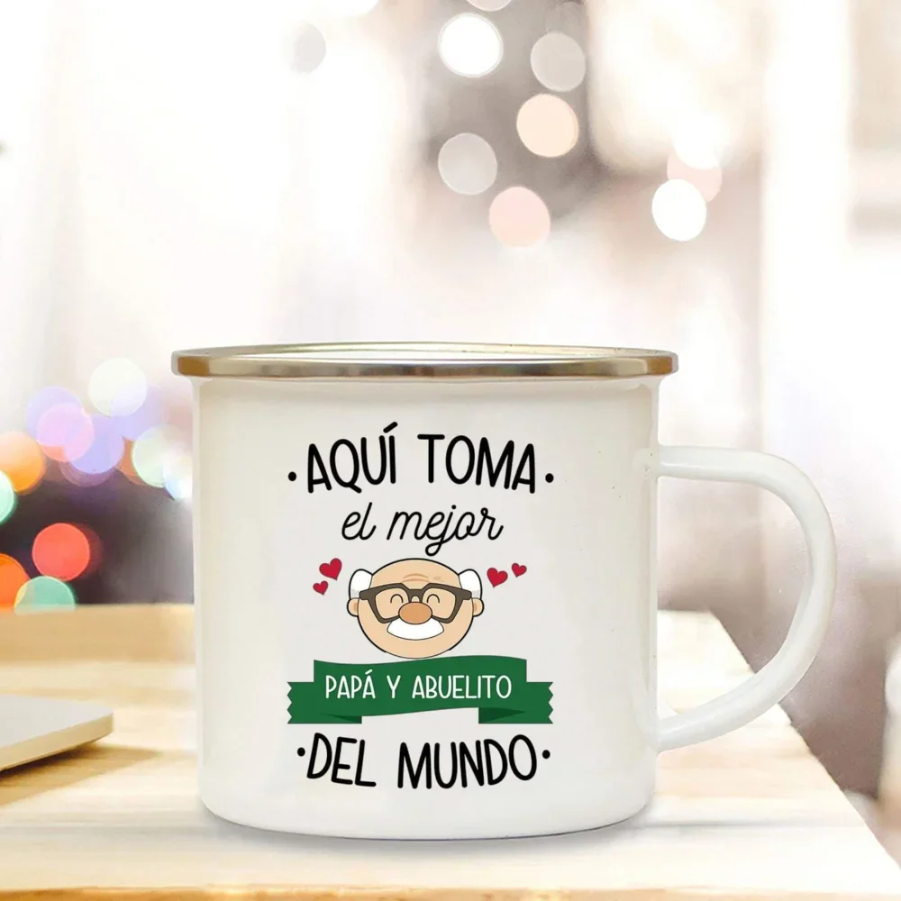 Best Grandfather & Grandmother In The World French Print Enamel Mugs Drink Milk Coffee Cup Camping Mug Gift for Abuelo & Abuela