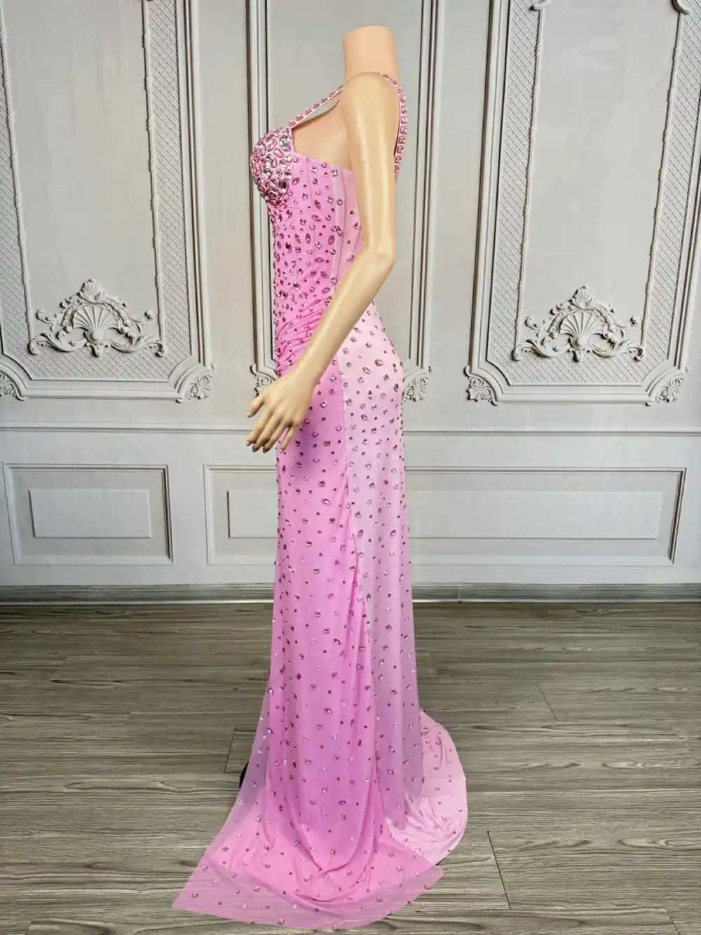 Luksusowa Sukienka Damska z Rozcięciem, Długa do Podłogi, z Cyrkoniami, Seksowna, z Siateczki, Wieczorowa, na Bal, Imprezę, Urodziny, Sesję Zdjęciową