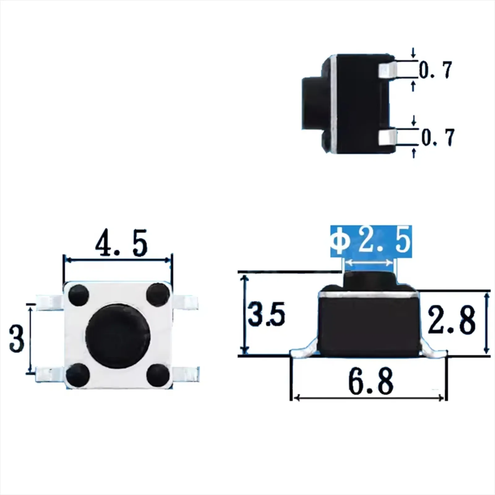 DIYmall 4,5x4,5x3,5 мм Тактильный кнопочный переключатель 12 В 4-контактный мгновенный контакт 100 000 операций