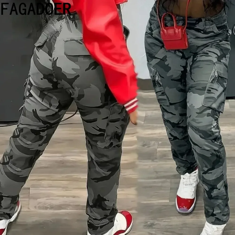 

FAGADOER Fashion Camouflage Pants Women Gray Button Printing High Waist Cargo Pants Female Streetwear Bottoms Spring 2025 New