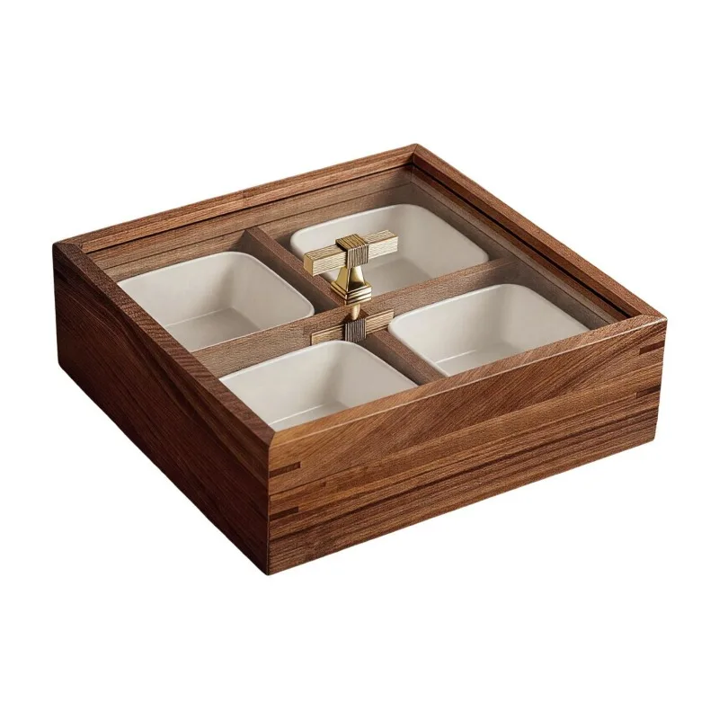 Jiugongge Chinese dim sum solid wood storage box, divided candy snack nut dried fruit plate