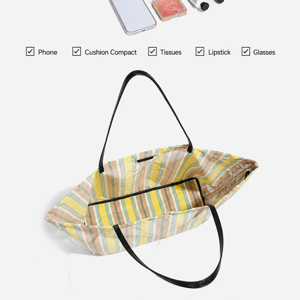 Handtasche mit offenem Oberteil, gestreifte Tragetasche, große Schultertasche, Street-Handtasche für den täglichen Arbeitsweg, lässige Ausflüge – Detail 7