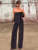 Elegant Women's Rhinstone Top Pants Suits Set Strapless Sleeveless Tops Matching High Waist Wide Pants Chic Lady Simple Outfits