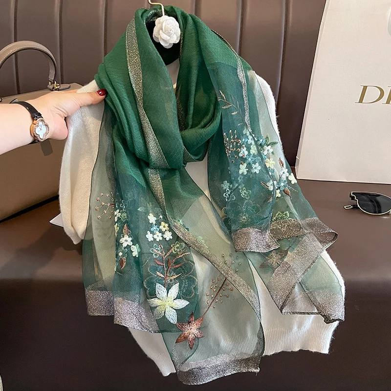 Solid Silk Women Scarf Winter Warm Wool Shawls Lady Wraps Bufanda Floral Pashmina Luxury Embroidery Warn Scarves 2023 New