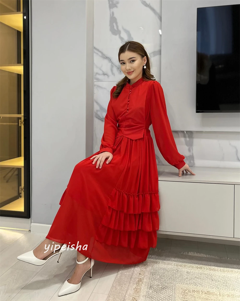 Robe en mousseline de soie drapée à plusieurs niveaux, Quinceanera A-ligne, col haut, occasion sur mesure, robes mi-longues, Arabie saoudite