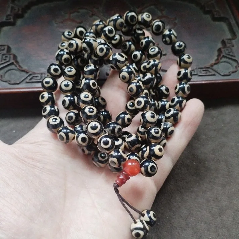 Retro Circular Eye Banded Agate Bead String Smooth Spherical Dzi Beads Red Accent Charm Tribal Unisex Multi Loop Accessory