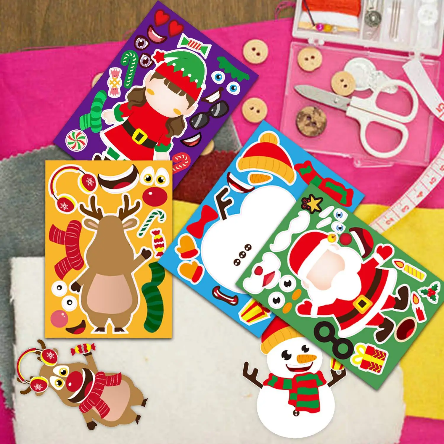 12 Sheets Children DIY Puzzle Sticker Toys Santa Christmas Tree Socks Face Assemble Stickers Boys Girls Christmas Gifts for Kids