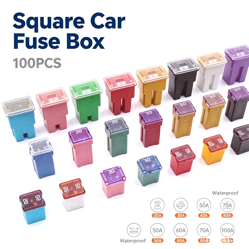 100PCS Square Fuse Box Waterproof Socket 32V DC Connecting Type Fuse 20A 30A 40A 50A 60A 70A 80A 100A
