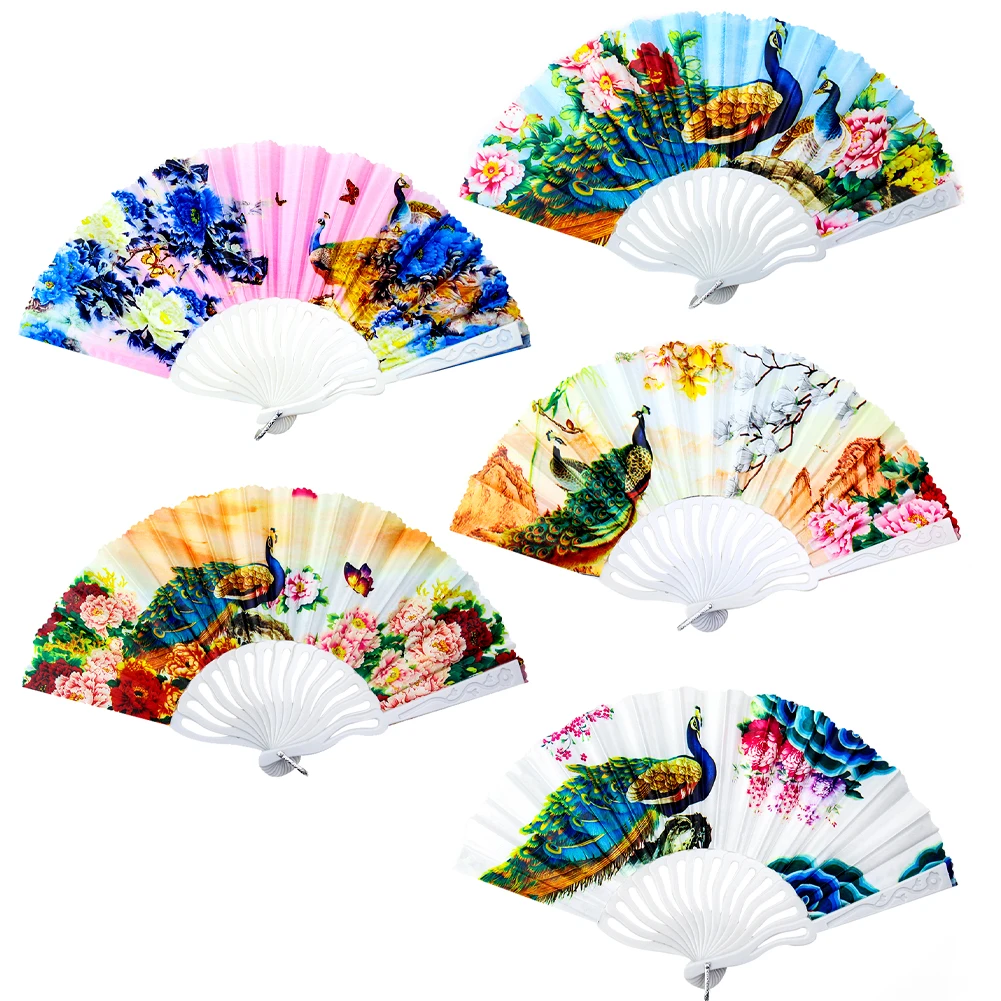 230mm Chinese National Style Coloured Drawing Pattern Peacock Flowers Peony Folding Fan Tai Chi Performance Dance Hand Fan Decor