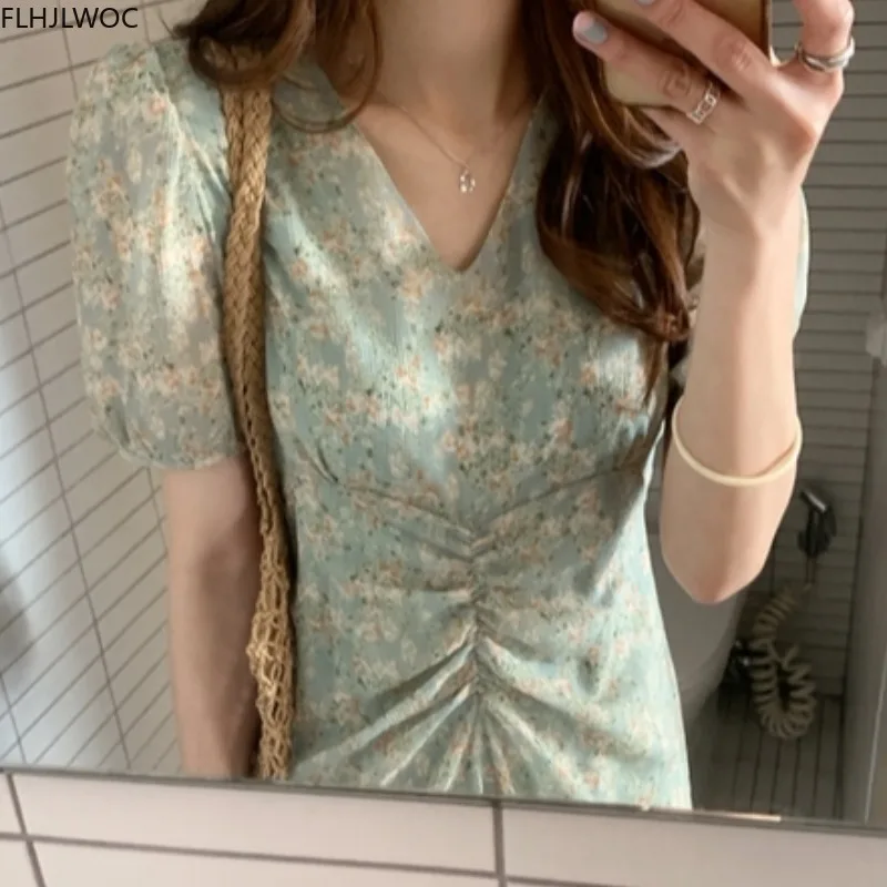 Korean Chic Dress Elegant Office Lady Temperament New 2020 Floral Print V Neck A Line Retro Vintage Dress Pink Vestidos
