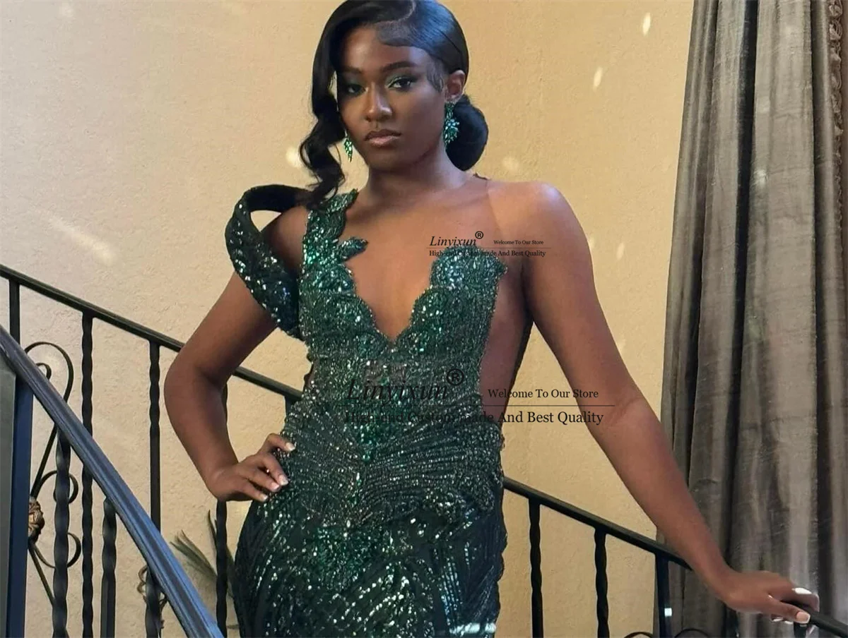 Green Sequin Mermaid Prom Dresses Luxury Crystal Beads Long Evening Party Gala Gown Black Girls Appliques Lace robes de soirée