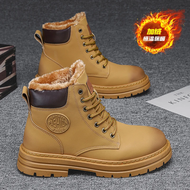 

2025 зимние мужские теплые ботинки с высоким вырезом на шнуровке | Повседневная противоскользящая обувь с короткой бочонком на флисовой подкладке