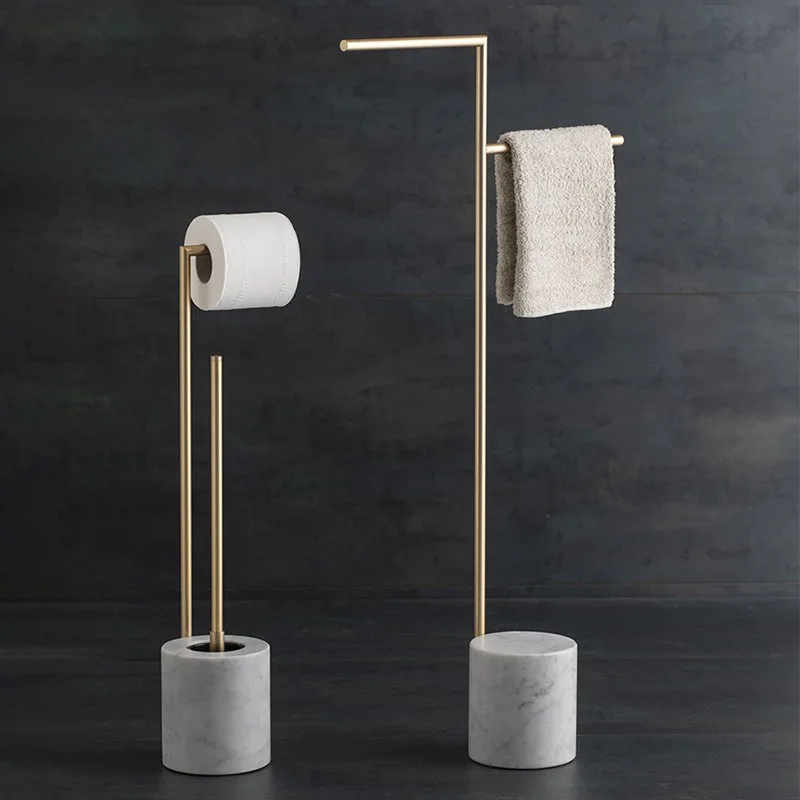 100% Natural Marble Brass Bathroom Set, Freestanding Towel & Tissue Holder, No-Drill Luxury Bath Organizer