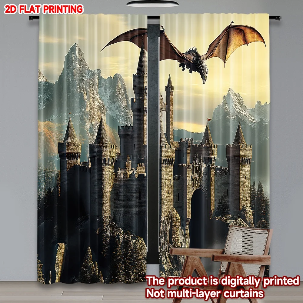 

2D flat printing 2pcs Window Treatment Curtains Dragon Over Medieval Castle Digital Printed Polyester Drapes Family Party