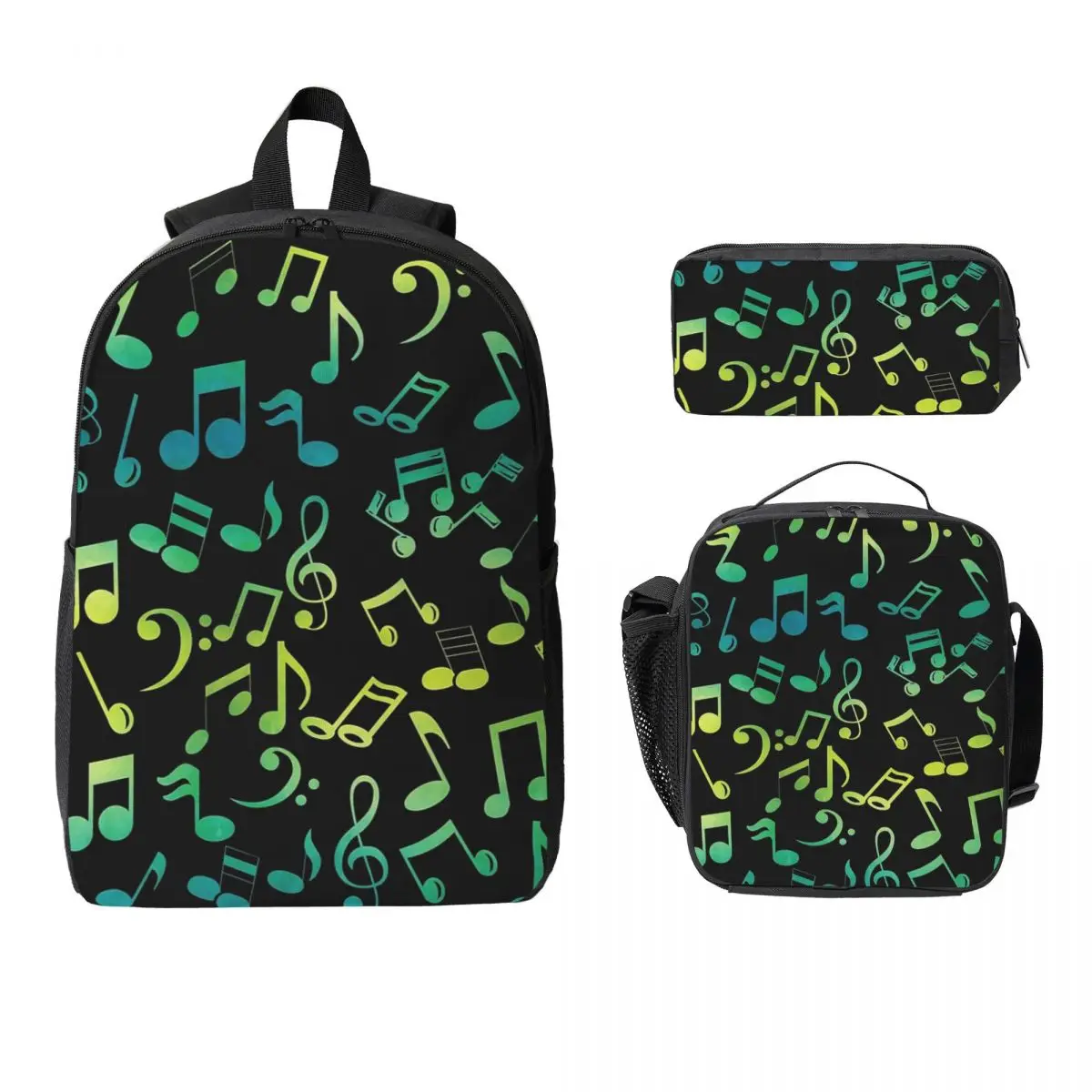 

Yellow And Green Music Notes Backpack Student BookBag School Bag Laptop Shoulder Bags 3ps Insulated Lunch Bag Pencil Case