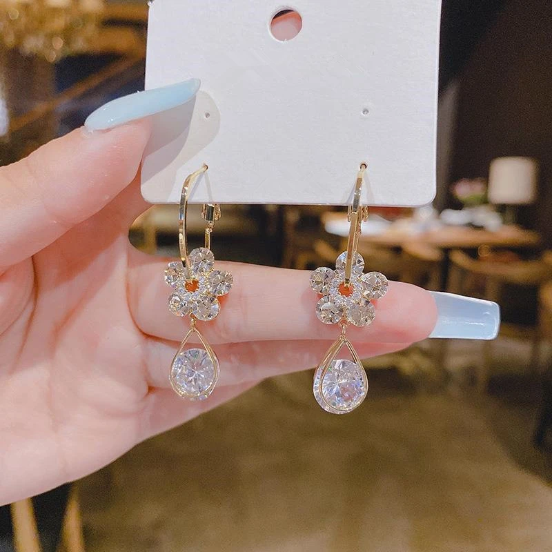 Korean Zircon Flower Hoop Earrings For Women Girls Fashion Long Hanging Earrings Crystal Wedding Party 2024 Trending Jewelry