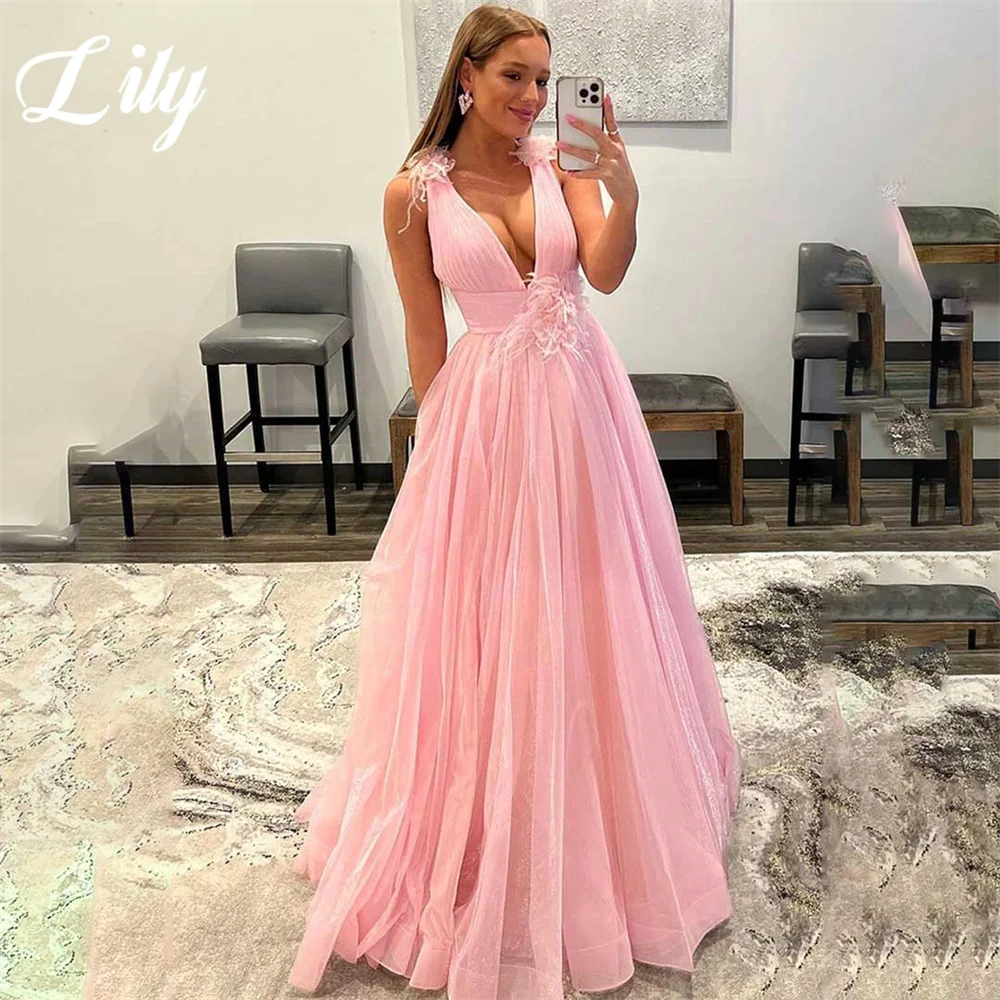 

Lily Pink V-Neck Evening Gown Feather Tank A-Line Prom Dress A-Line Layer Wedding Evening Dress with Pleat Satin robes de soirée