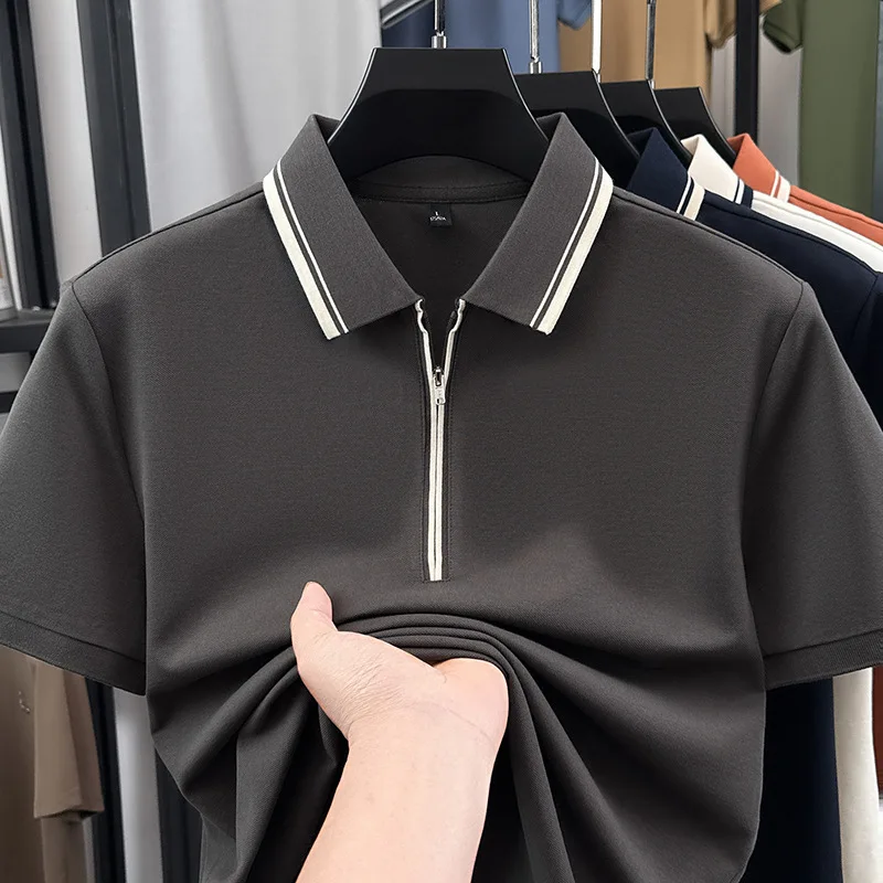 Luxury-Style Business Half-Zip Collar Polo Shirt for Men - Summer Fashion Color-Contrast Casual Men's Short-Sleeved T-Shirt