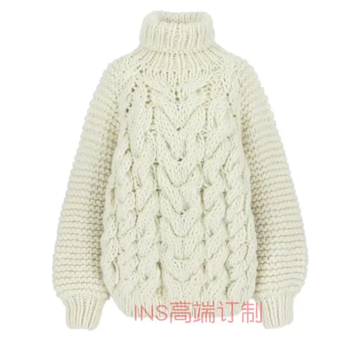 2023 Spring and Autumn Thickened Big Fried Dough Twists Pattern Pure Wool High Collar Pullover Sweater Knits Thick Thread Raglan