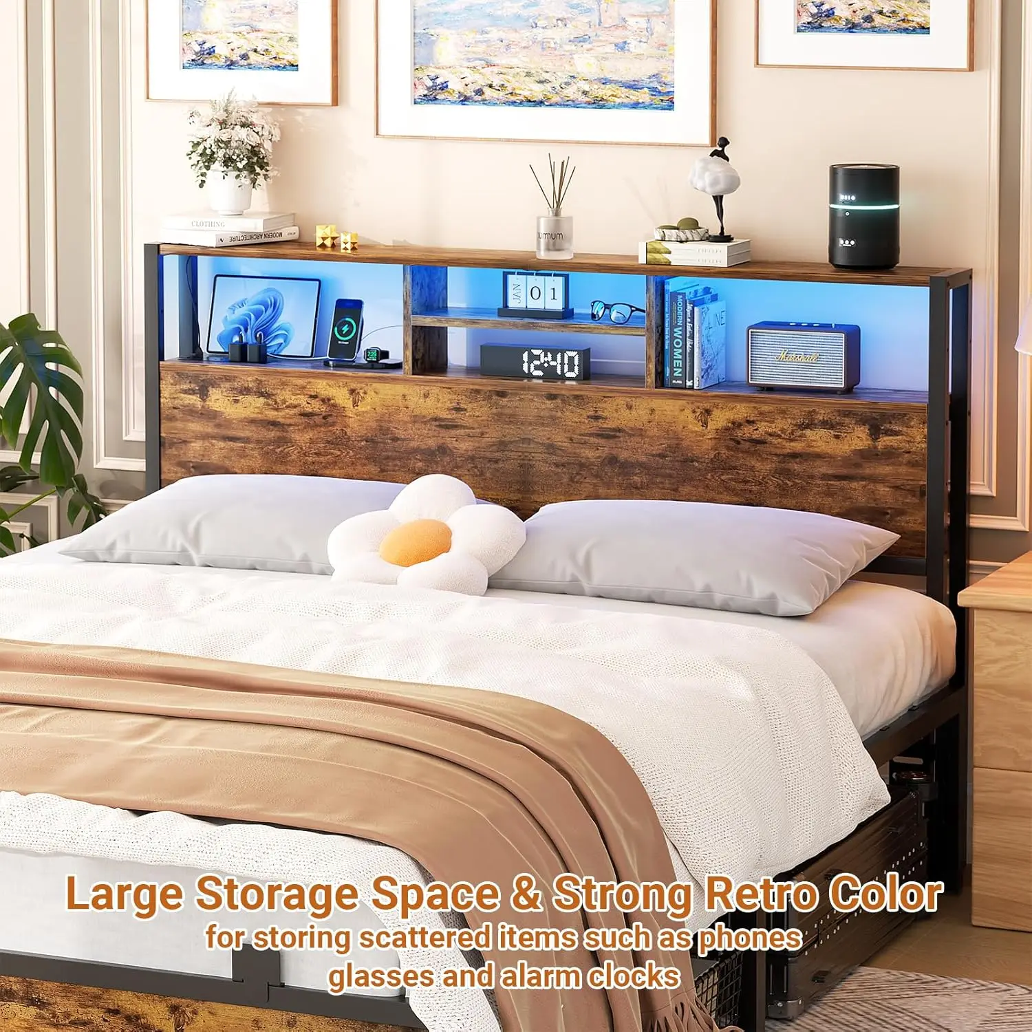 Testiere con prese, porte USB e luce LED, Queen Head Board Solo Testiera reversibile robusta e stabile regolabile in altezza