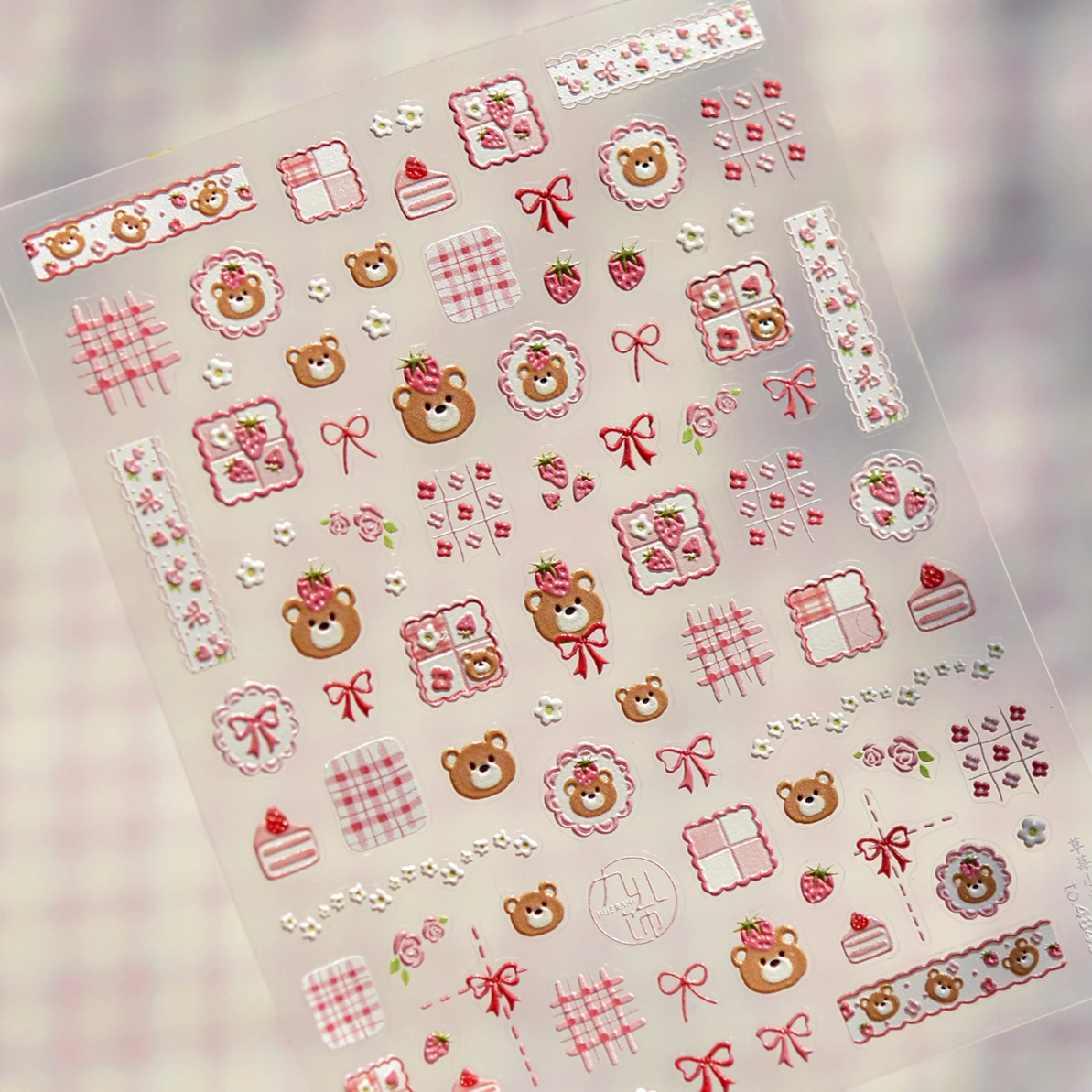 Lovely Bear Strawberry Cake Rose Flower Grid Block Bowknot Embossed Relief Self Adhesive Nail Art Sticker Cute 3D Manicure Decal