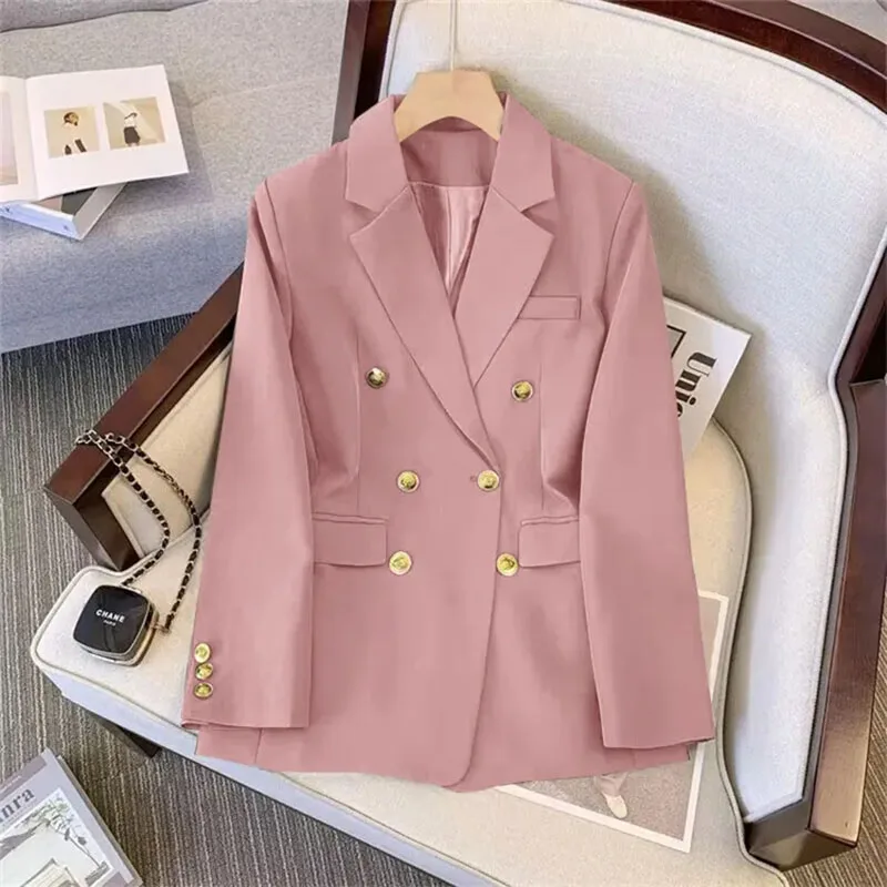 Fashion Blazers Women Spring Fall Office Ladies Long Coat Korean Slim Notched Double Breasted Metal Button Long Sleeve Jacket