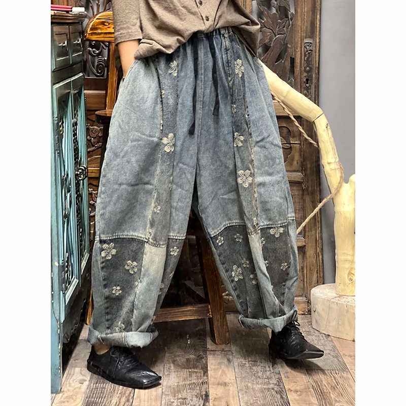 2026 Spring Autumn Arts Style Women Elastic Waist Loose Casual Jeans Vintage Patchwork Cotton Denim Harem Pants High Quality