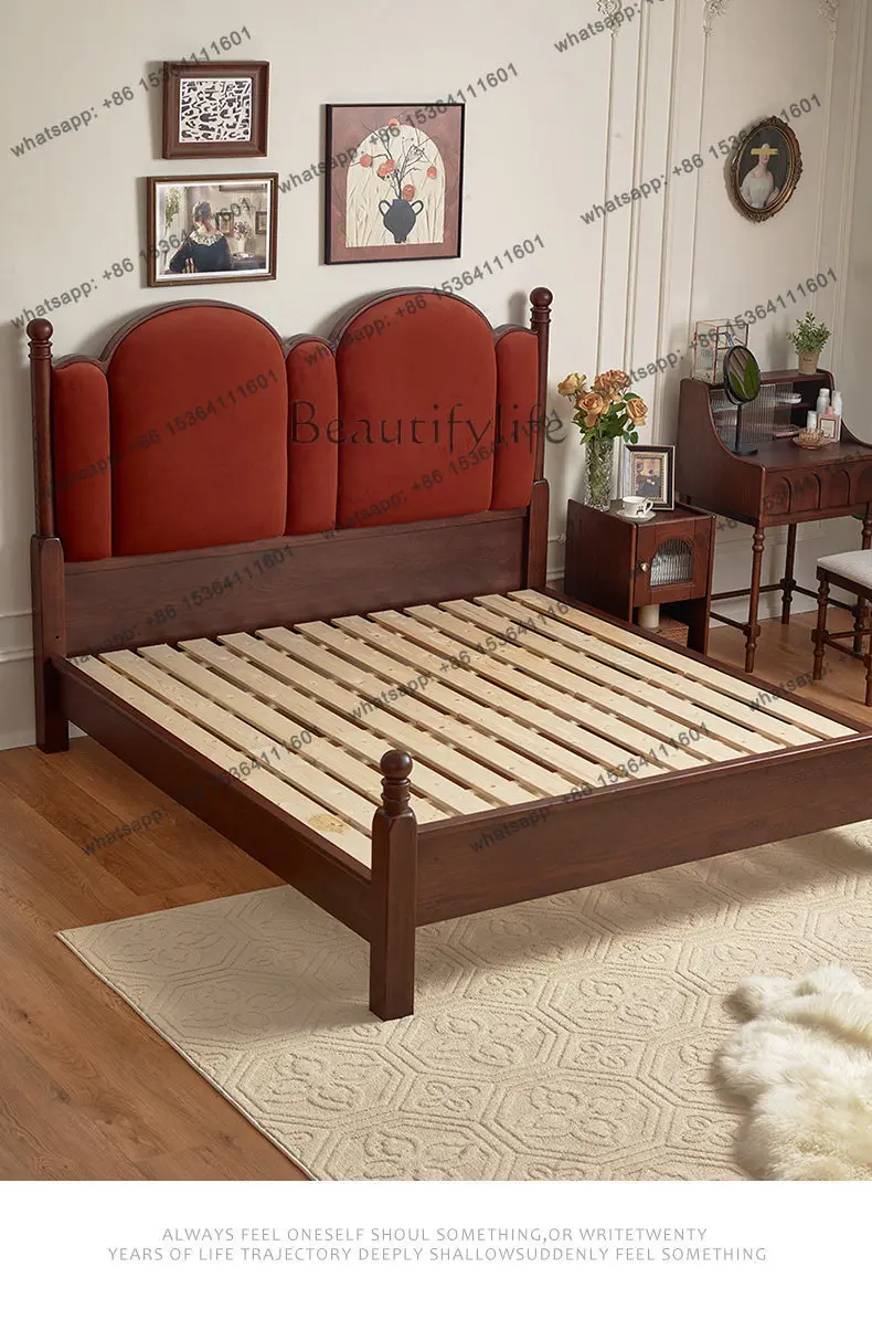 

American French vintage style solid wood bed, red oak medieval American upholstery bed