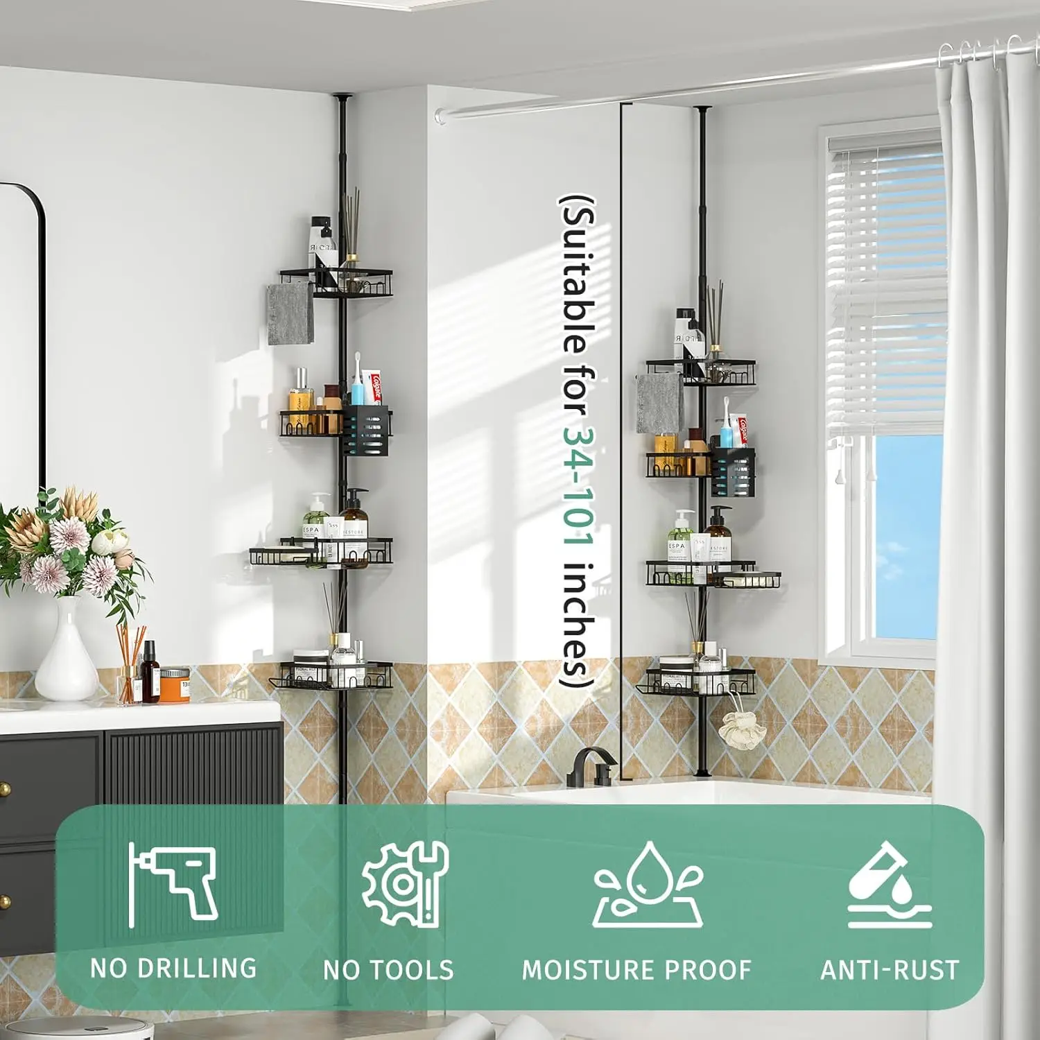 

Угловая натяжная душевая кабина, регулируемая натяжная кабина для душа, 4-х уровневая устойчивая к ржавчине отдельно стоящая душевая кабина со стержнем