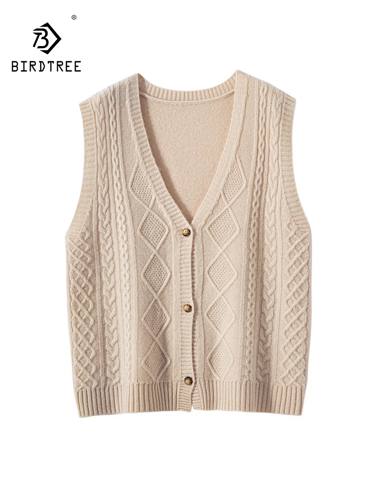 

BirdTree, 100%Pure Wool Elegant Knitted Vest, Women VNeck Sleeveless, Fashion Loose Thicken Sweater, 2024 Autumn Winter T48632QC