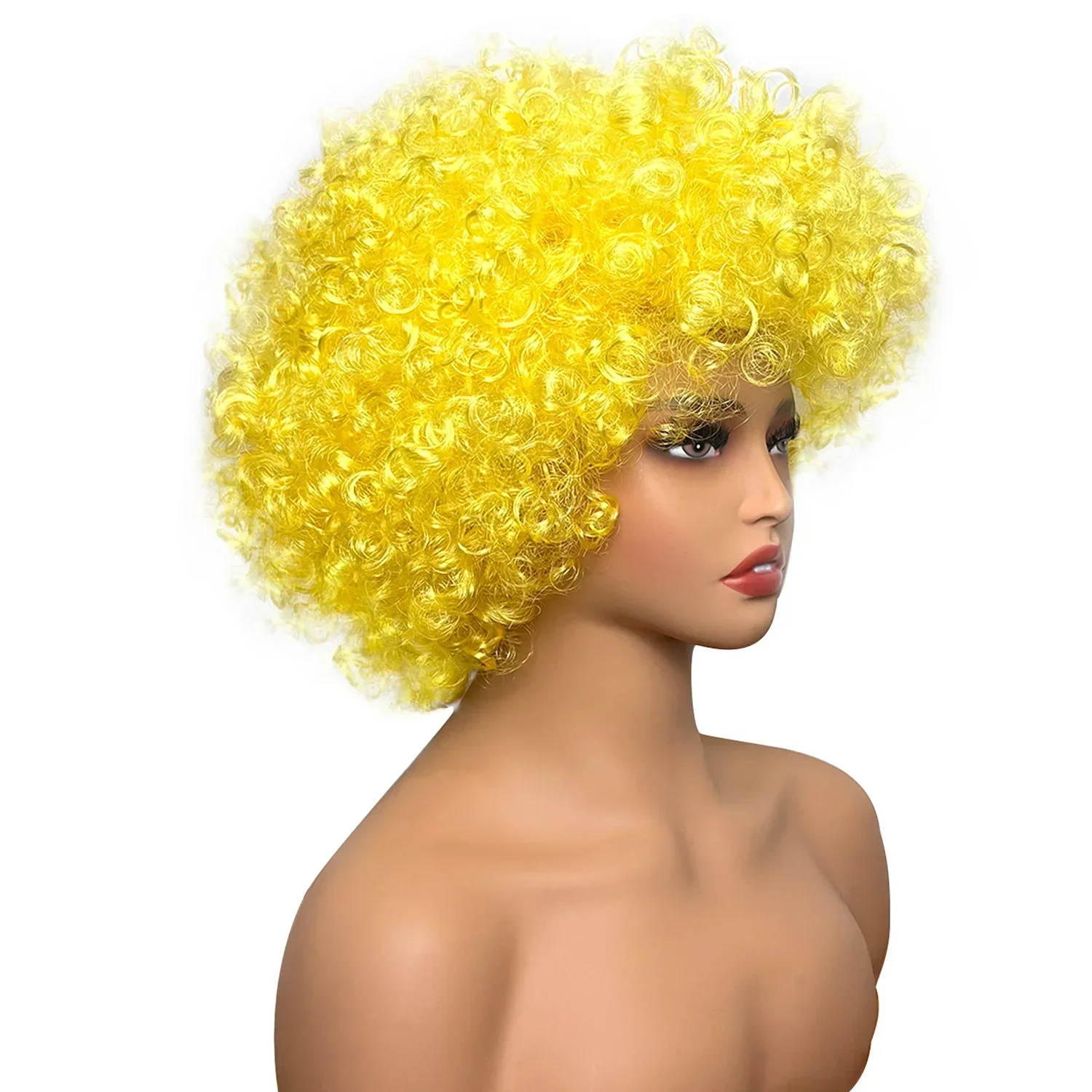 شعر مستعار أفرو أصفر قصير اصطناعي مجعد للرجال والنساء ديسكو 70s موضوع حفلة الهالوين تأثيري حلي شعر مستعار غير تقليدي