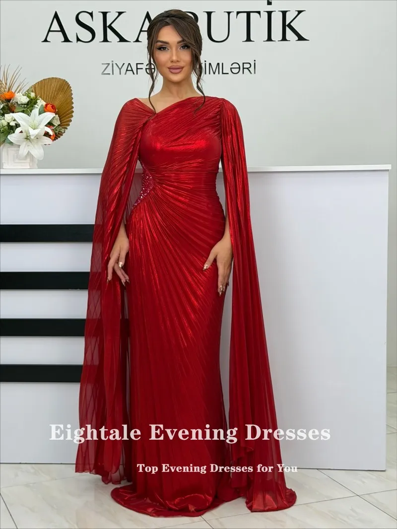 فساتين سهرة Eightale على شكل حرف v طيات طول الأرض مخصصة كريب أحمر مطرز بأكمام قصيرة للحفلات الراقصة فيستدو دي فييستا