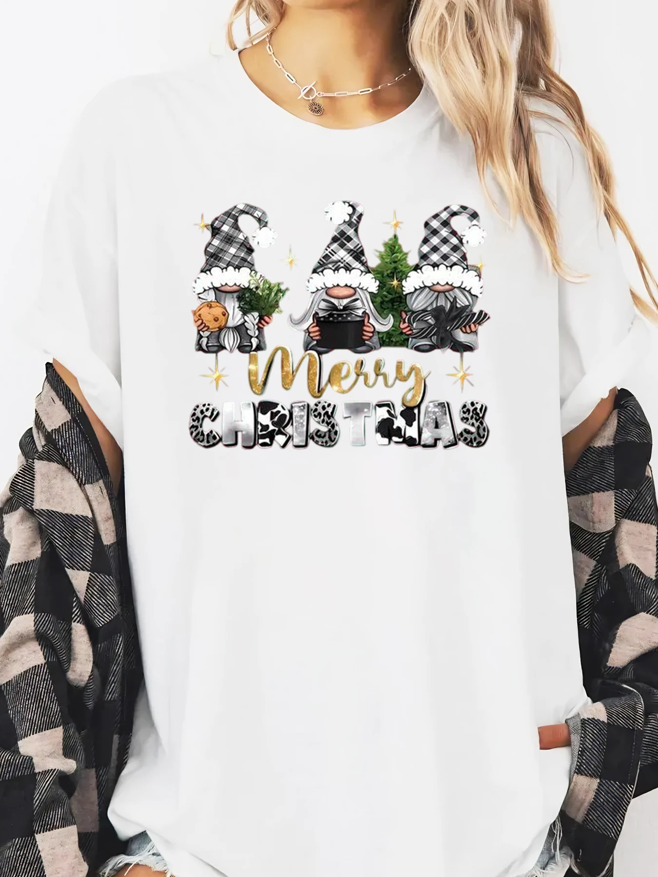 Gnomes Merry Christmas Print T-shirt Women Holiday Casual Wear White Plus-size