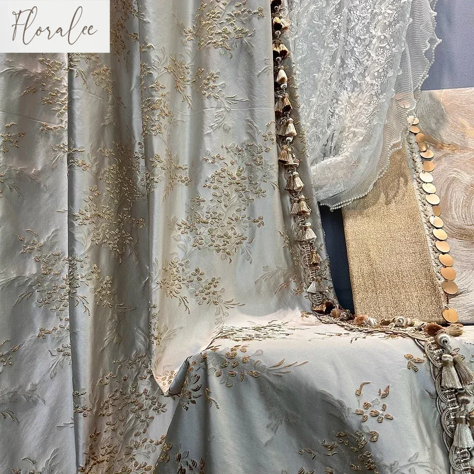 

Luxury Blue Grey Embossed Gold Thread Jacquard Thickened Blackout Curtains For Living Room Bedroom French Window Villa Customn