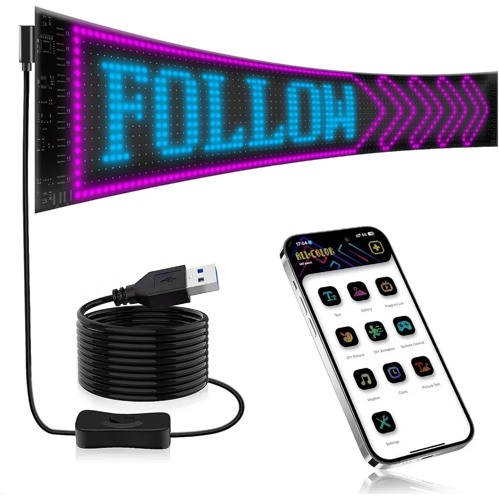 LED Car Sign Programmable LED Matrix Panel Flexible Screen Display Animation Message APP Control for Cars Shop Party Festival