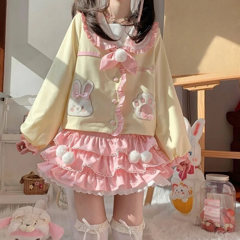 Japanese College Style 2‑Piece Outfit Cute Bunny Sailor Collar Jacket + Pink Ruffled Cake Skirt, Bow Embroidery Sweet Lolita Set - view 2