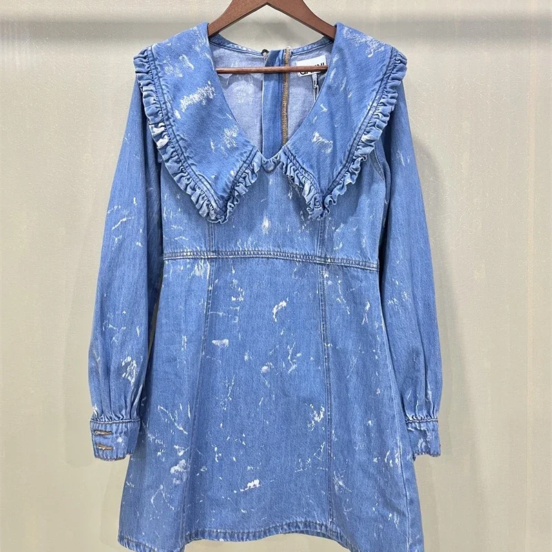 

Women Fashion Design Blue Denim Dress V Neck Long Sleeves Tie Dye Craft Casual Mini Dress