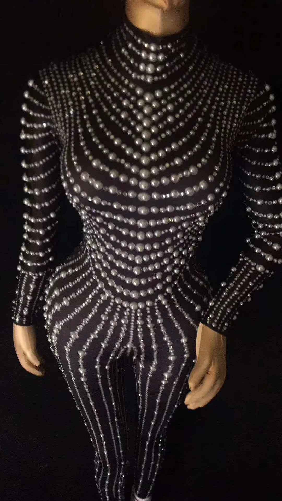 Preto brilhando pérolas alta pescoço mangas compridas sexy macacões para mulher discoteca dj roupa palco cantor realizar trajes