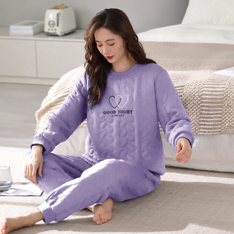 

Laminated air cotton pullover pajamas women autumn and winter thick long-sleeved home service female warm thin quilted suit