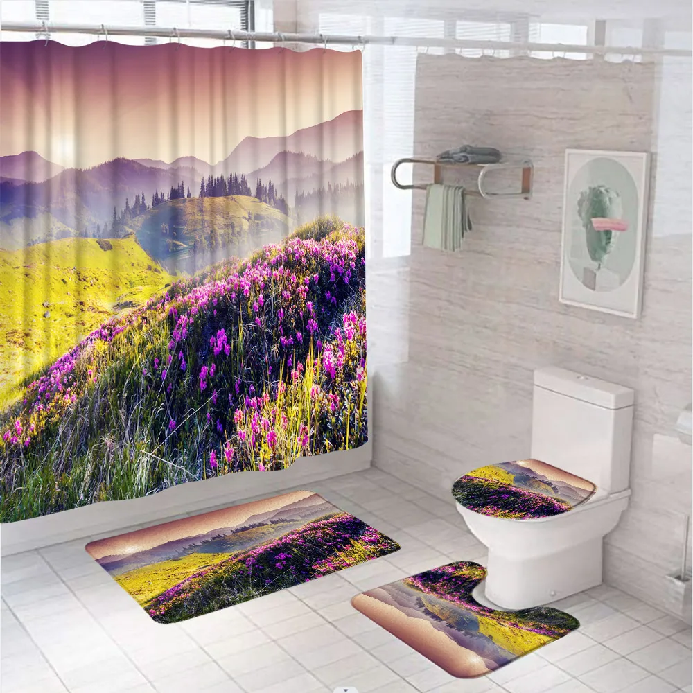 

Fall Scenery Mountain Flower Shower Curtain Set Bathroom Decor Natural Tree Forest Landscape Non Slip Bath Mats Toilet Cover Rug