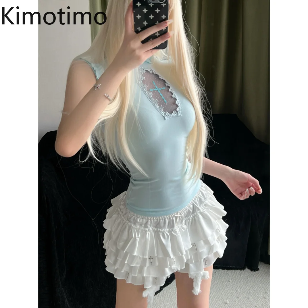 

Kimotimo Blue Cross Spliced Fungus Edge Vest Women Sexy Y2k Slim Fit Waist Crop Top Summer New Outerwear Gothic Sleeveless Tanks