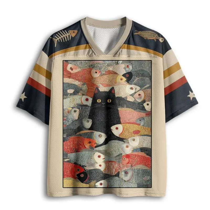 Summer Hot Selling Retro Fun Cat and Fish Print V-neck Y2K Fashion Jersey for Adults Children  Plus Size Casual Sports T-shirt