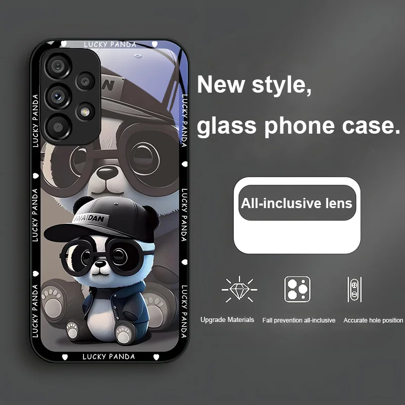 Panda with glasses for Samsung Galaxy Note 8 9 S10 Plus S20 S21 FE S23 Ultra A70 72 73 50 51 52 53 Tempered glass phone case